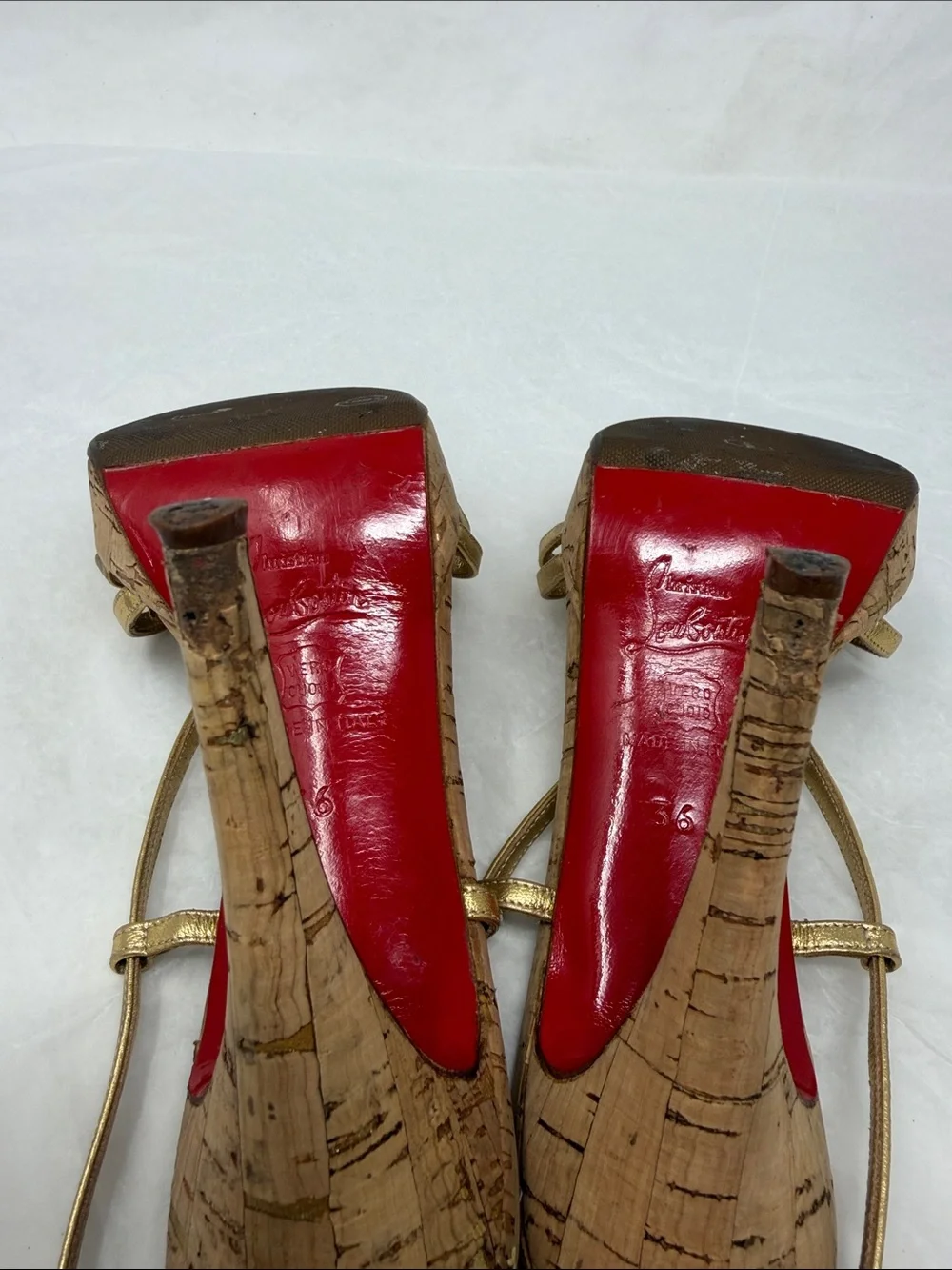 Christian Louboutin Metallic Gold Strappy Cork Platform Heels